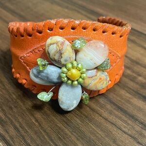 Genuine leather orange adjustable bracelet with semi-precious stones